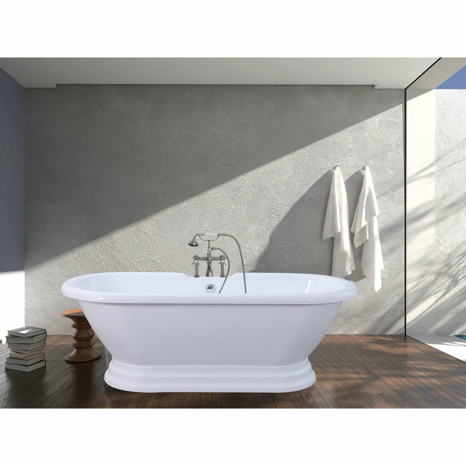 Aqua Eden VT7PE672824PBA 67-Inch Acrylic Double Ended Pedestal Tub With 7-Inch Faucet Drillings, Glossy White