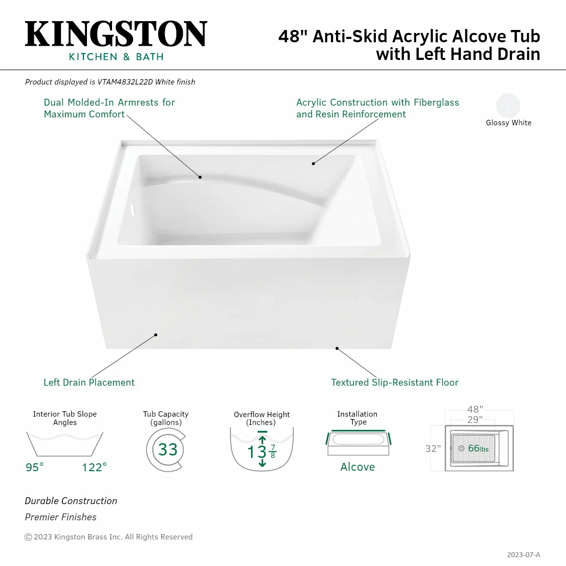 Oriel VTAM4832L22D 48-Inch Anti-Skid Acrylic Alcove Tub With Left Hand Drain, Glossy White - Image 3
