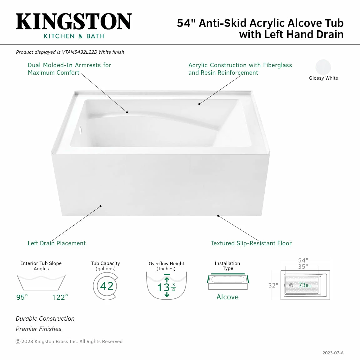 Oriel VTAM5432L22D 54-Inch Anti-Skid Acrylic Alcove Tub With Left Hand Drain, Glossy White - Image 3