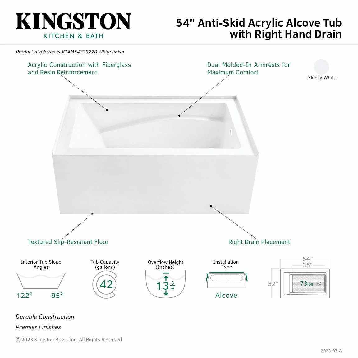 Oriel VTAM5432R22D 54-Inch Anti-Skid Acrylic Alcove Tub With Right Hand Drain, Glossy White - Image 3