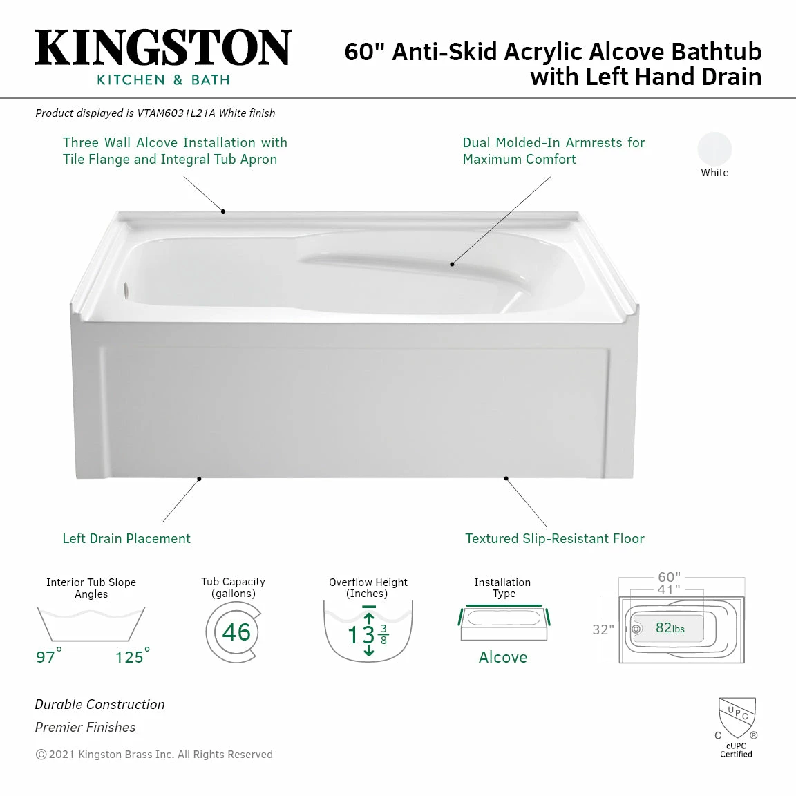 Oriel VTAM6031L21A 60-Inch Anti-Skid Acrylic Alcove Tub With Left Hand Drain Hole, White - Image 3