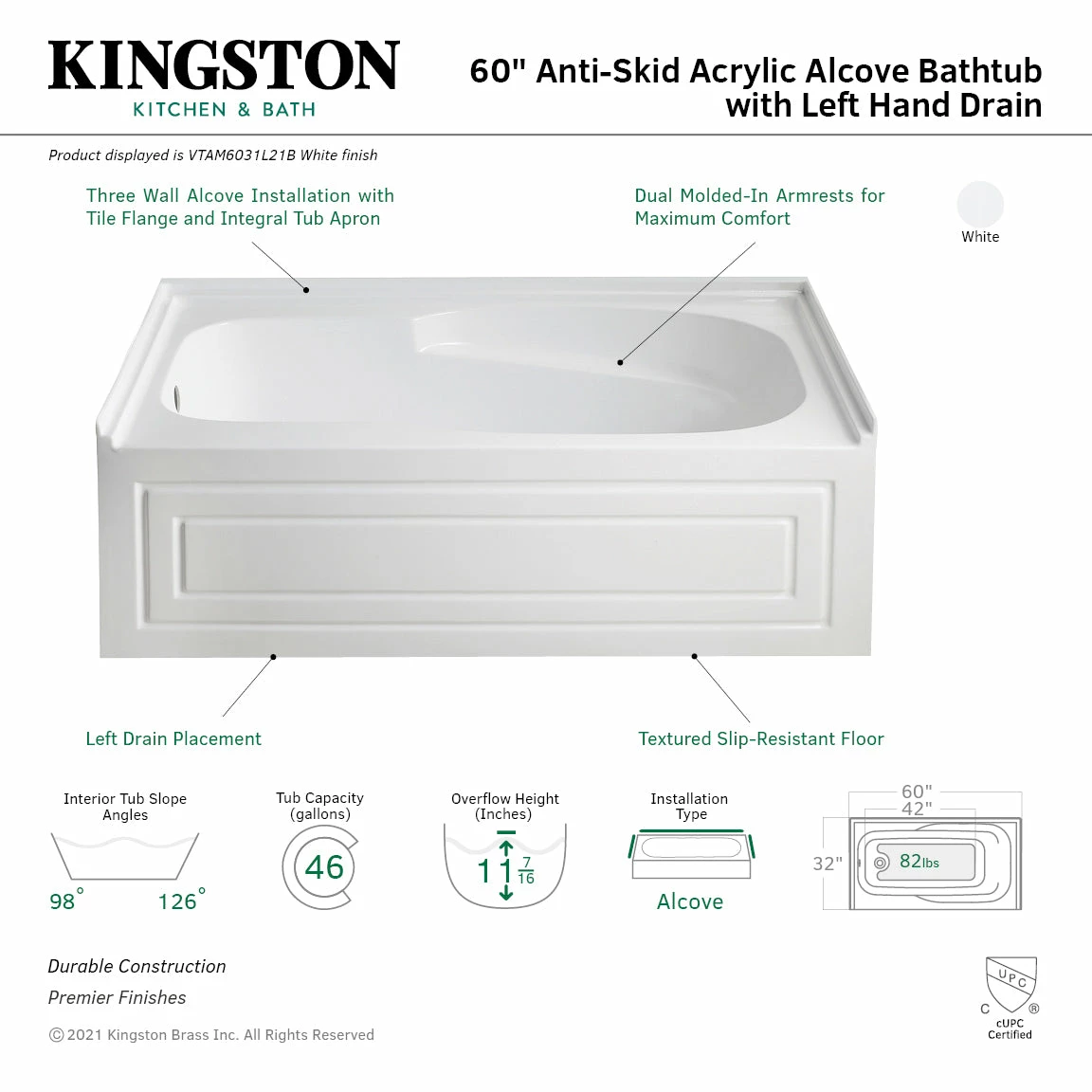 Oriel VTAM6031L21B 60-Inch Anti-Skid Acrylic Alcove Tub With Left Hand Drain Hole, White - Image 4