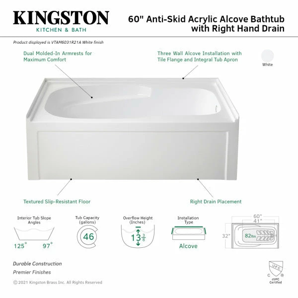 Oriel VTAM6031R21A 60-Inch Anti-Skid Acrylic Alcove Tub With Right Hand Drain Hole, White - Image 3