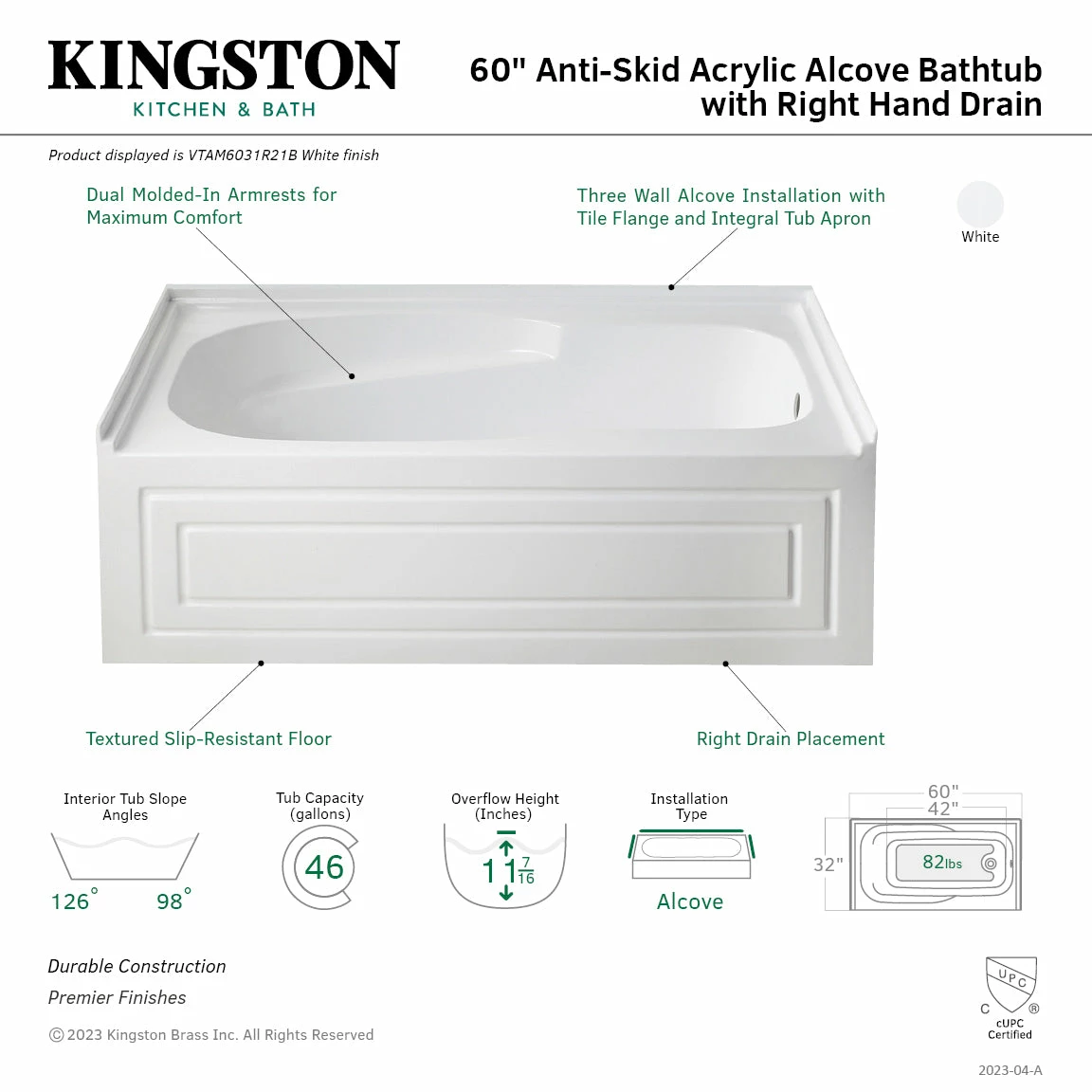 Oriel VTAM6031R21B 60-Inch Anti-Skid Acrylic Alcove Tub With Right Hand Drain Hole, White - Image 4