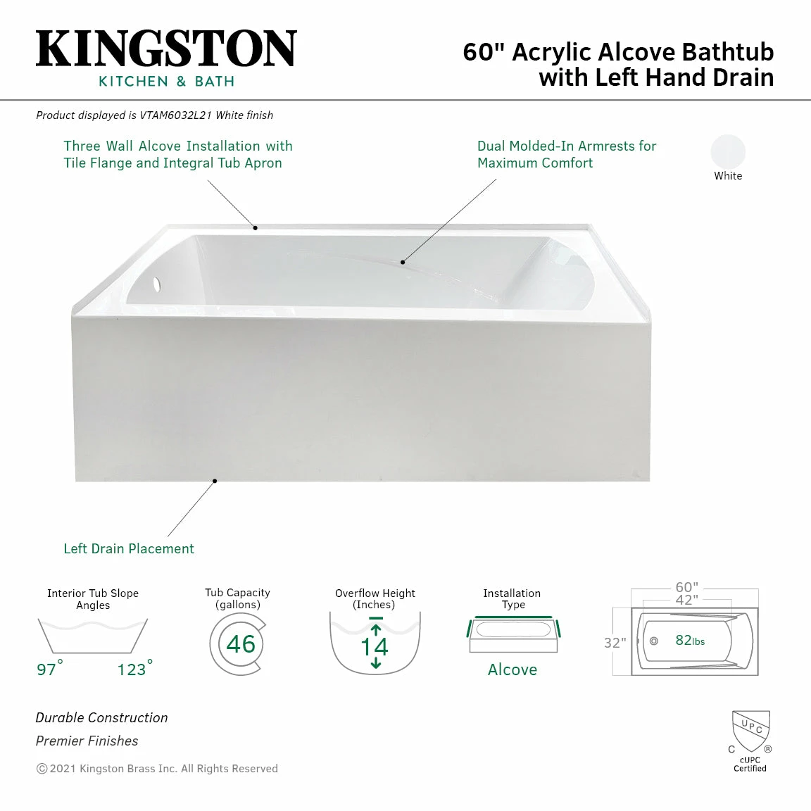 Oriel VTAM6032L21 60-Inch Acrylic Alcove Tub With Left Hand Drain Hole, White - Image 3