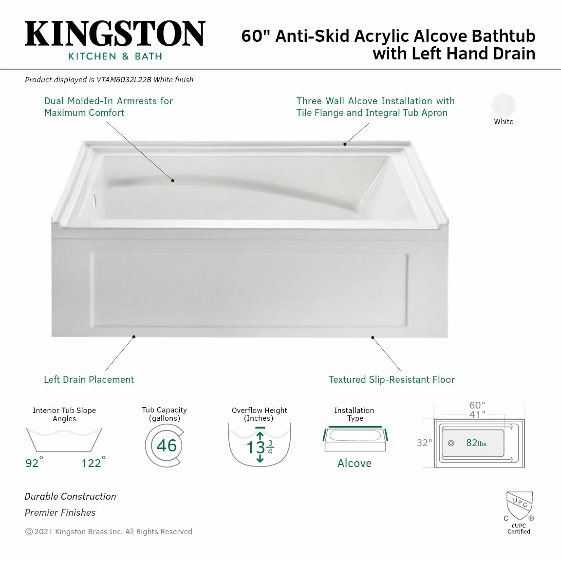 Oriel VTAM6032L22B 60-Inch Anti-Skid Acrylic Alcove Tub With Left Hand Drain Hole, White - Image 3