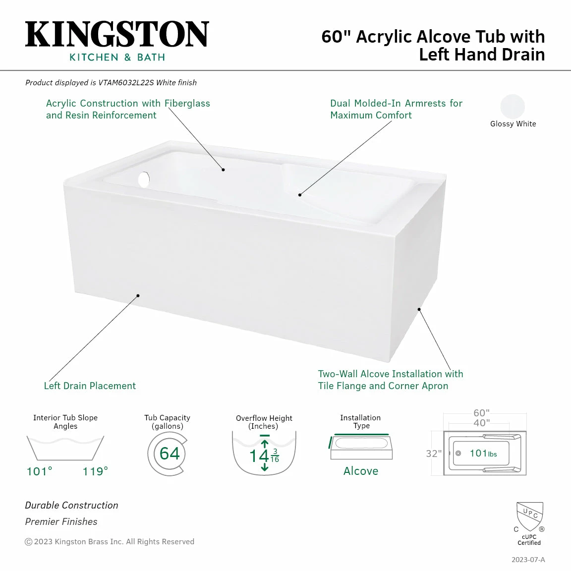 Aqua Eden VTAM6032L22S 60-Inch Acrylic Alcove Tub With Left Hand Drain Hole, White - Image 3