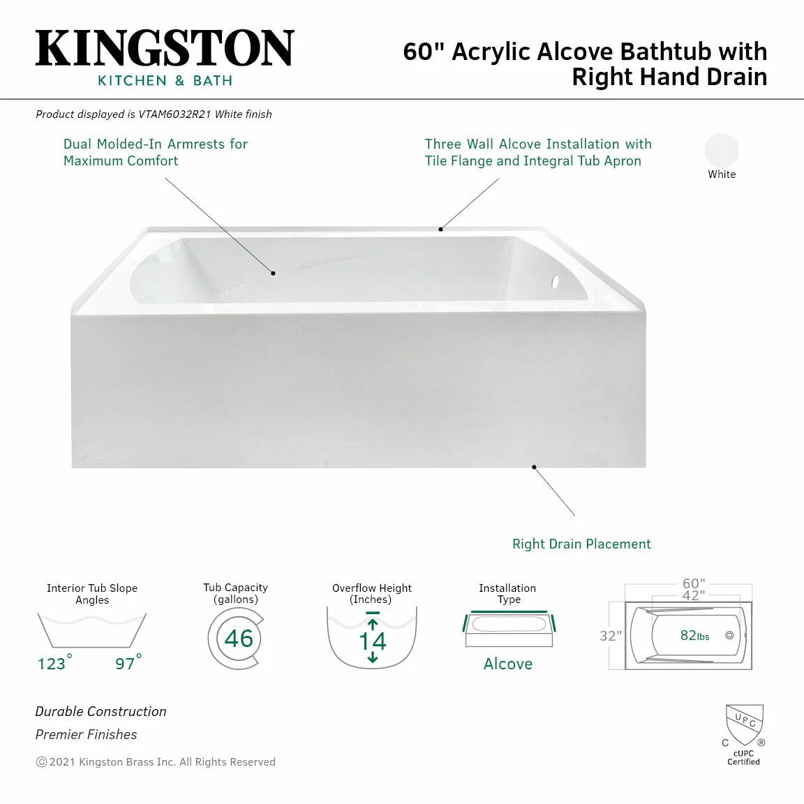 Oriel VTAM6032R21 60-Inch Acrylic Alcove Tub With Right Hand Drain Hole, White - Image 3