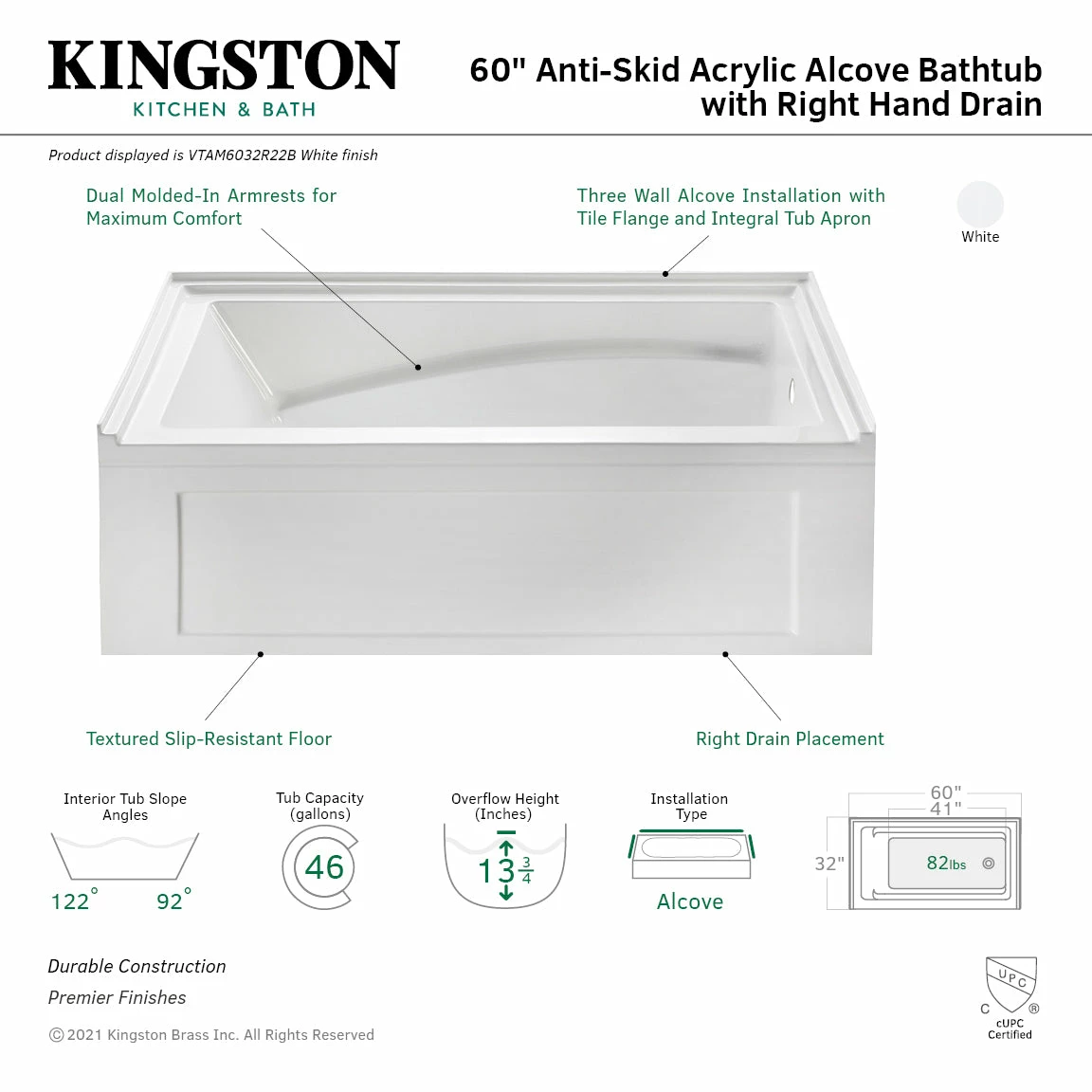 Oriel VTAM6032R22B 60-Inch Anti-Skid Acrylic Alcove Tub With Right Hand Drain Hole, White - Image 3
