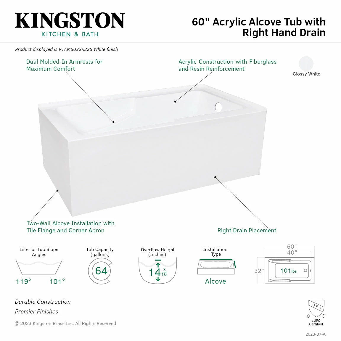 Aqua Eden VTAM6032R22S 60-Inch Acrylic Alcove Tub With Right Hand Drain Hole, White - Image 3