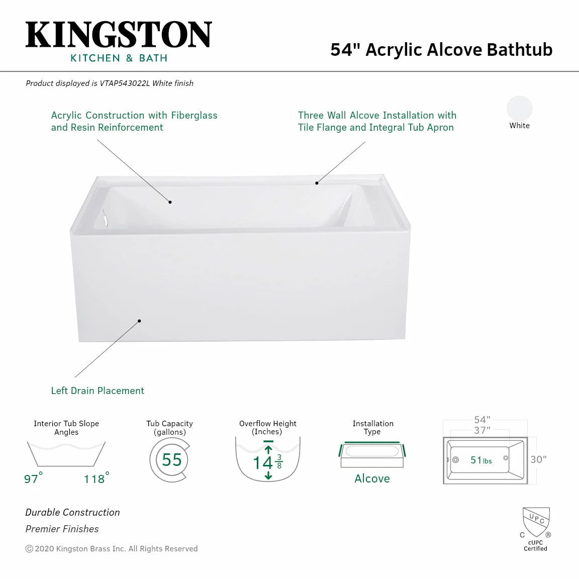 Aqua Eden VTAP543022L 54-Inch Acrylic Alcove Tub With Left Hand Drain Hole, White - Image 3