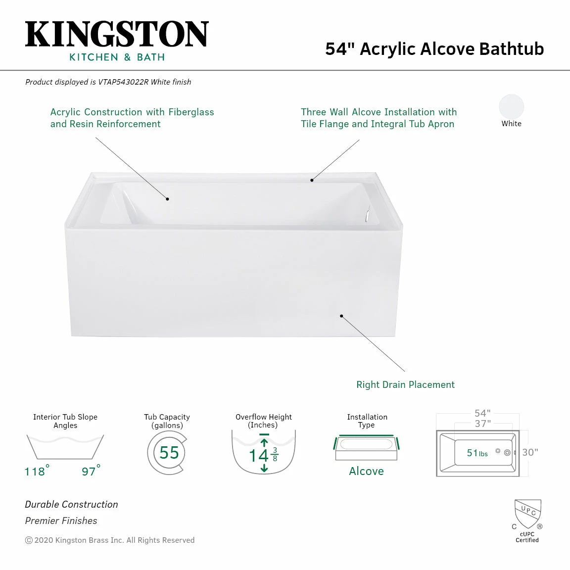 Aqua Eden VTAP543022R 54-Inch Acrylic Alcove Tub With Right Hand Drain Hole, White - Image 3