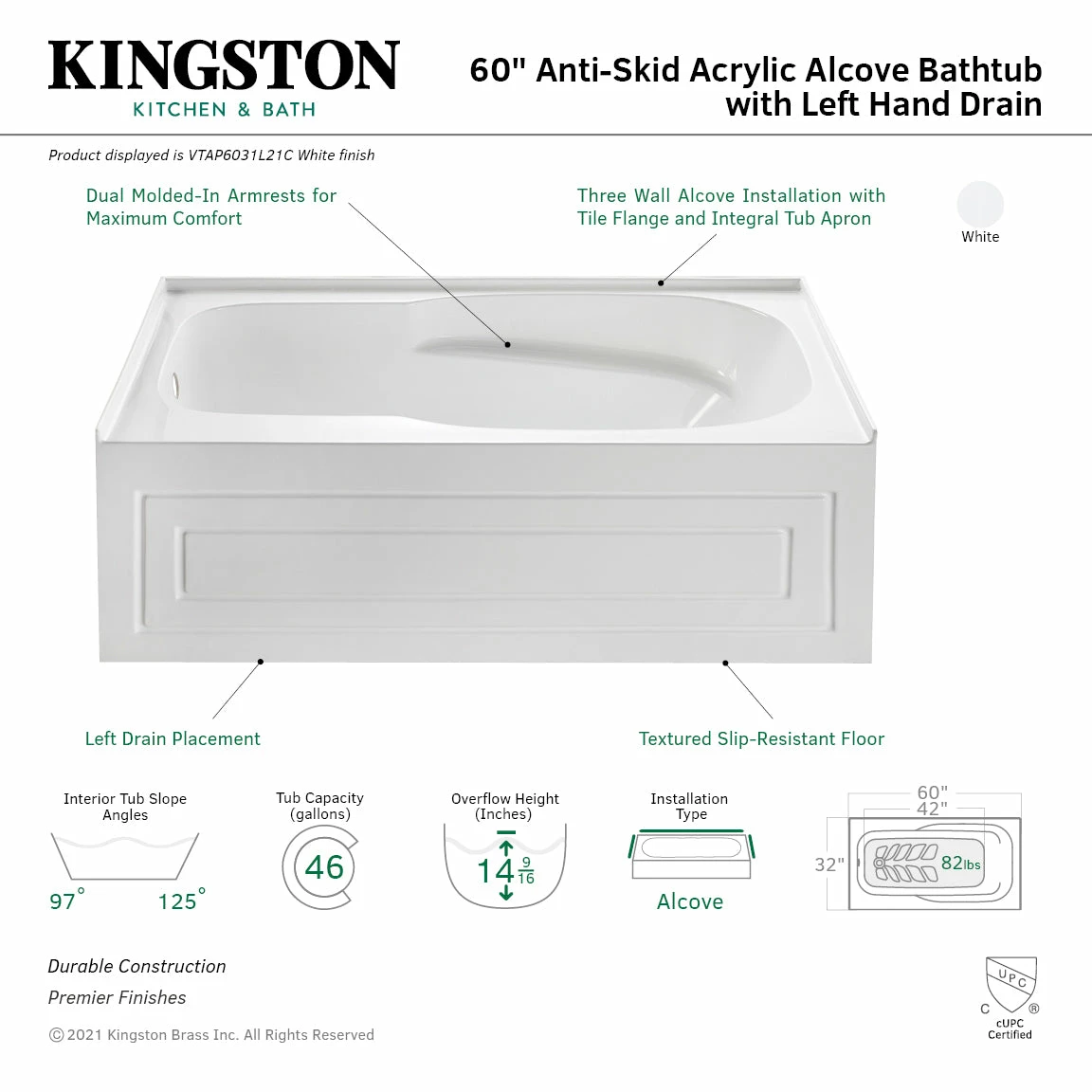Oriel VTAP6031L21C 60-Inch Anti-Skid Acrylic Alcove Tub With Left Hand Drain Hole, White - Image 2