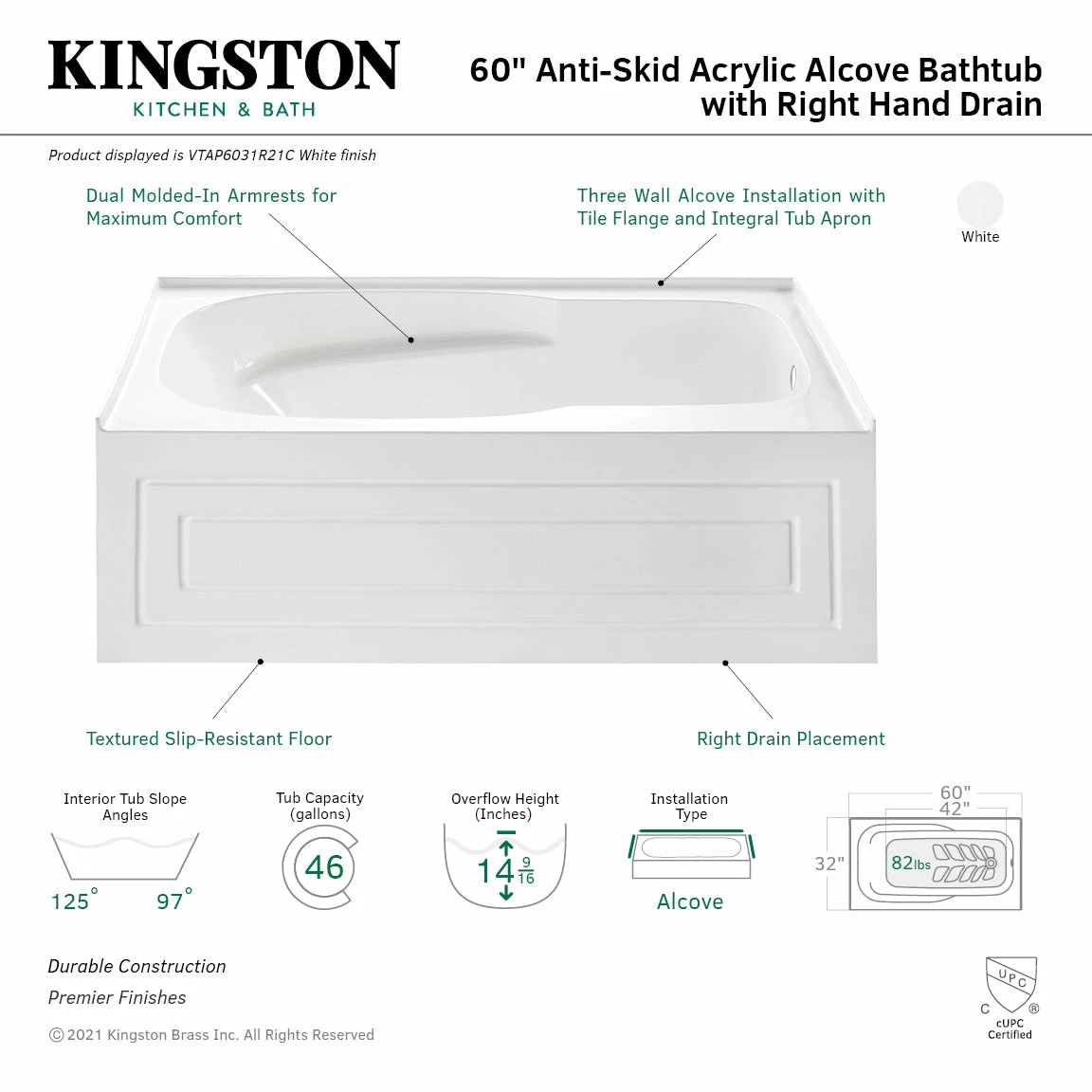 Oriel VTAP6031R21C 60-Inch Anti-Skid Acrylic Alcove Tub With Right Hand Drain Hole, White - Image 3