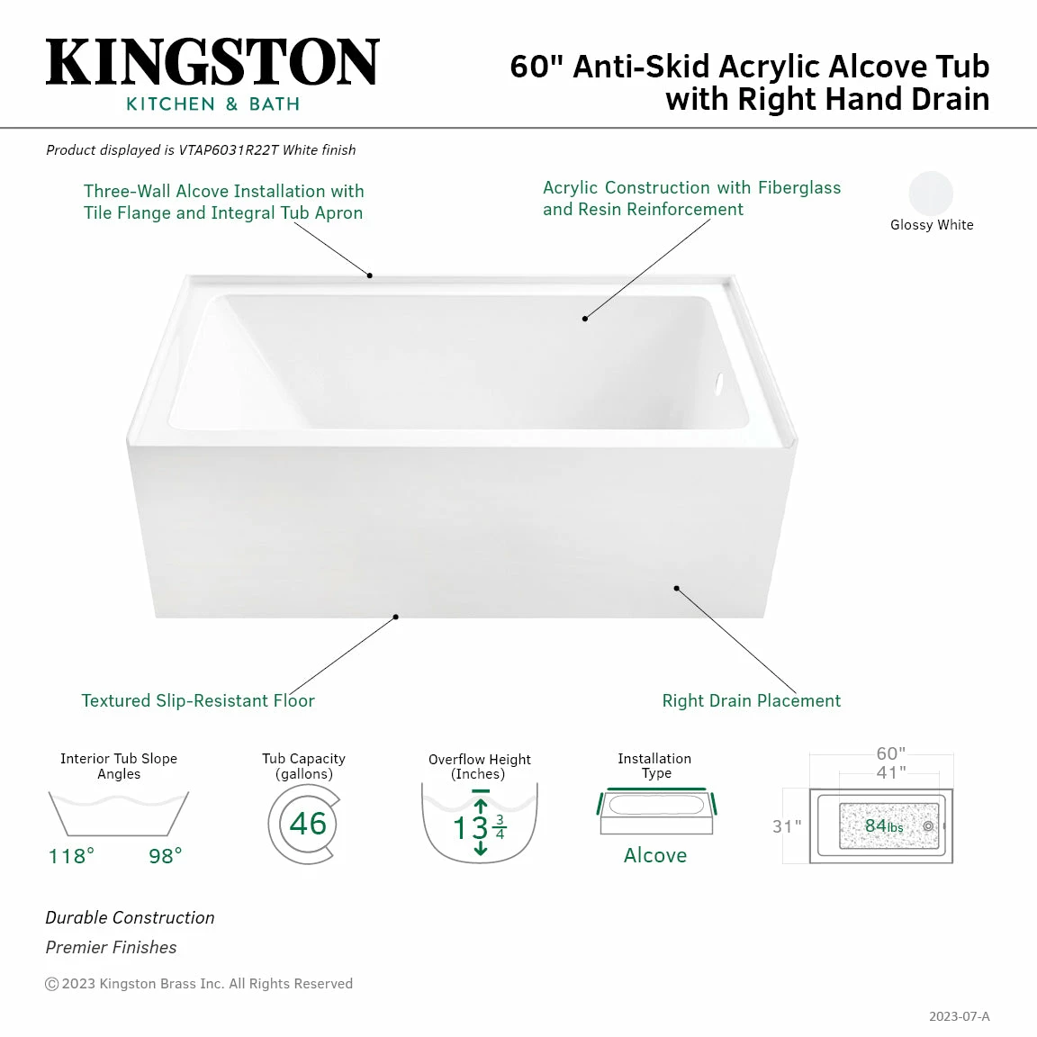 Aqua Eden VTAP6031R22T 60-Inch Anti-Skid Acrylic Alcove Tub With Right Hand Drain Hole, Glossy White - Image 3