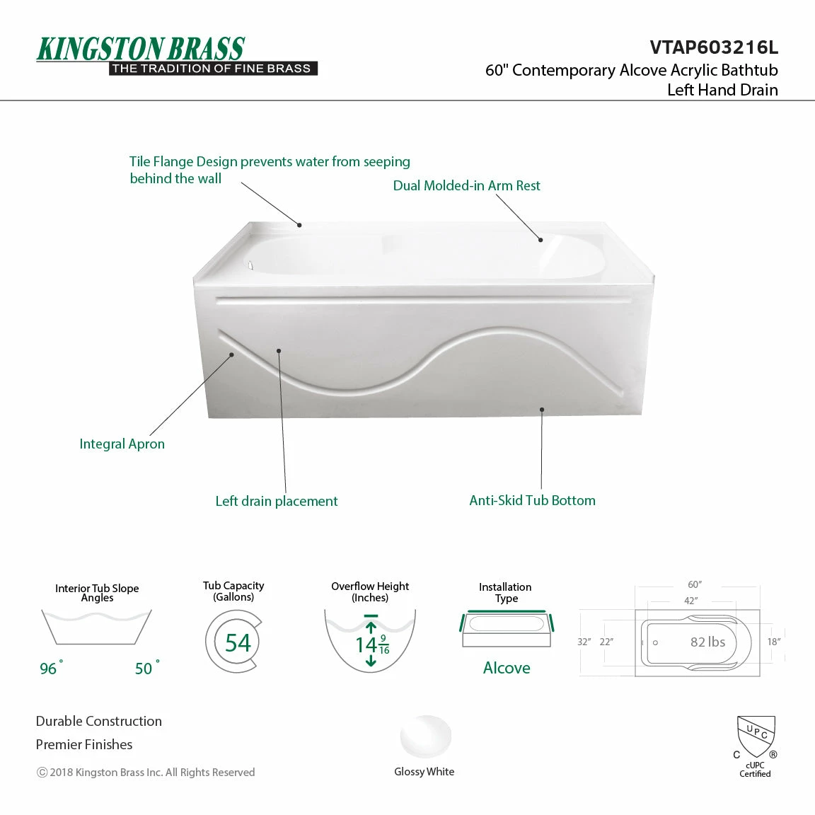 Aqua Eden VTAP603216L 60-Inch Acrylic Anti-Skid Alcove Tub With Left Hand Drain Hole, White - Image 5