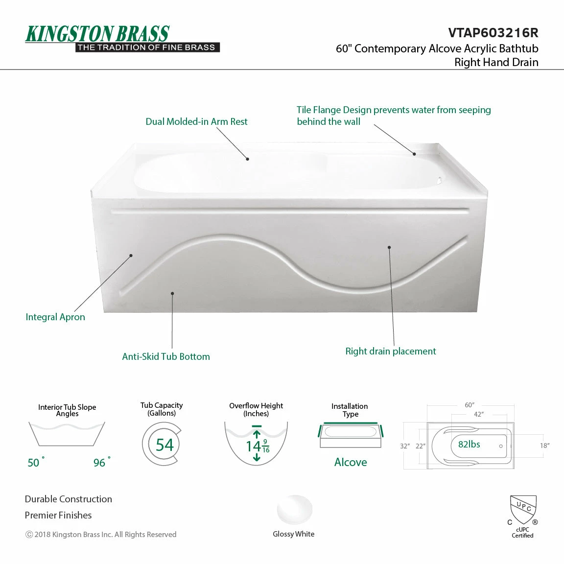 Aqua Eden VTAP603216R 60-Inch Acrylic Anti-Skid Alcove Tub With Right Hand Drain Hole, White - Image 5