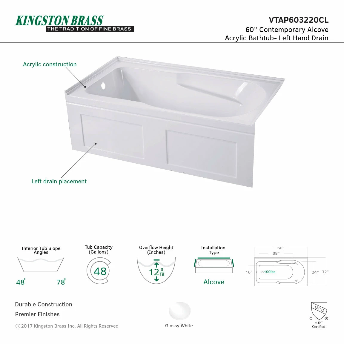 Aqua Eden VTAP603220CL 60-Inch Acrylic Anti-Skid Alcove Tub With Left Hand Drain Hole, White - Image 3