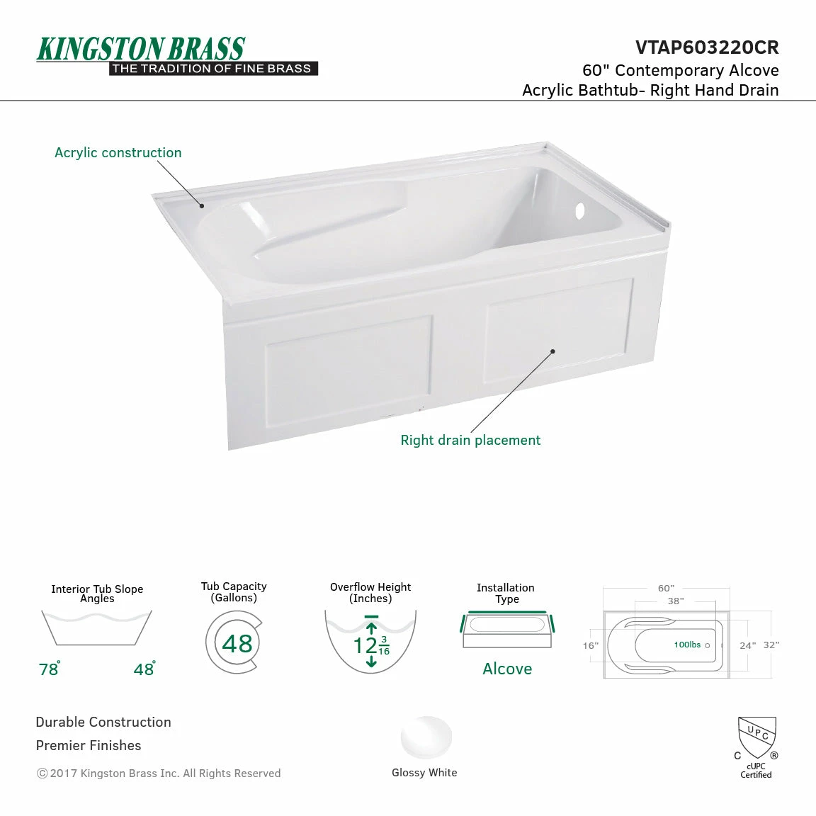 Aqua Eden VTAP603220CR 60-Inch Acrylic Anti-Skid Alcove Tub With Right Hand Drain Hole, White - Image 3