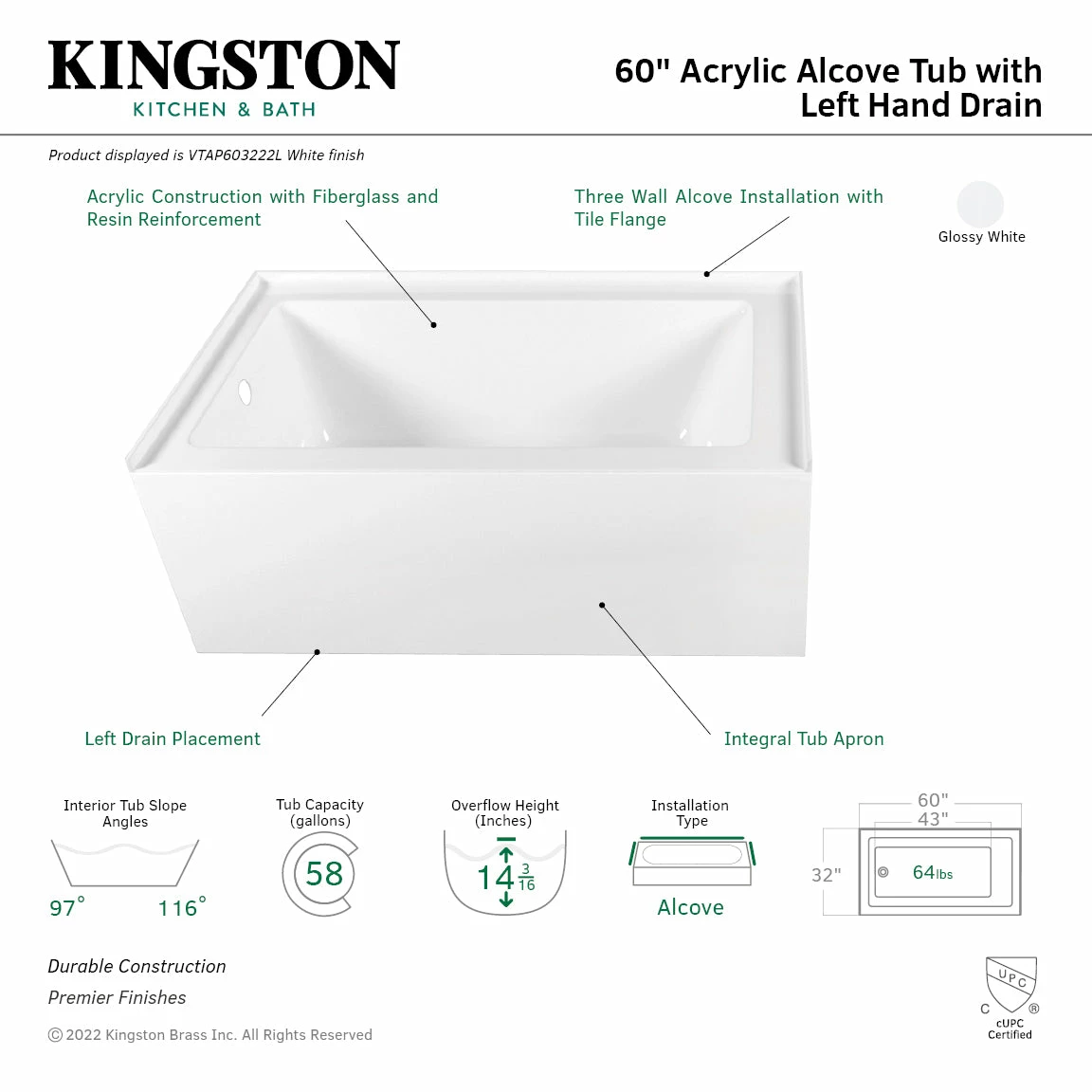 Aqua Eden VTAP603222L 60-Inch Acrylic Alcove Tub With Left Hand Drain Hole, White - Image 5