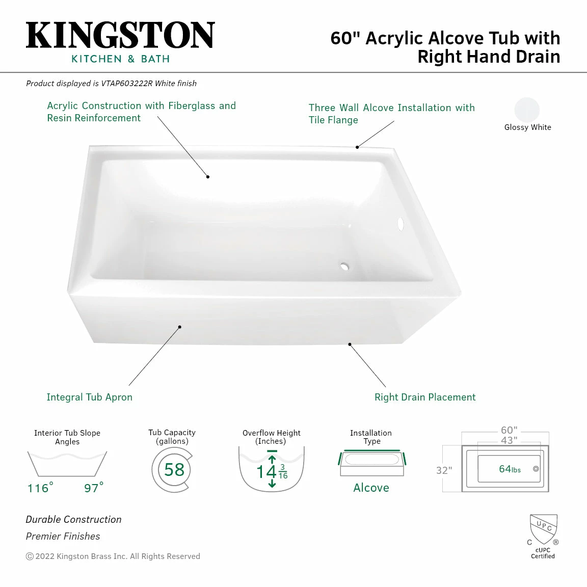 Aqua Eden VTAP603222R 60-Inch Acrylic Alcove Tub With Right Hand Drain Hole, White - Image 3