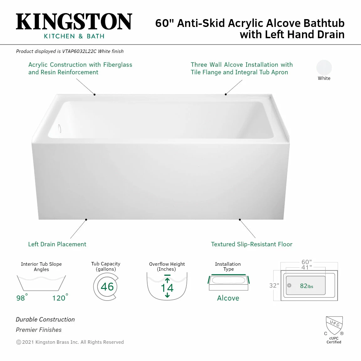 Oriel VTAP6032L22C 60-Inch Anti-Skid Acrylic Alcove Tub With Left Hand Drain Hole, White - Image 3