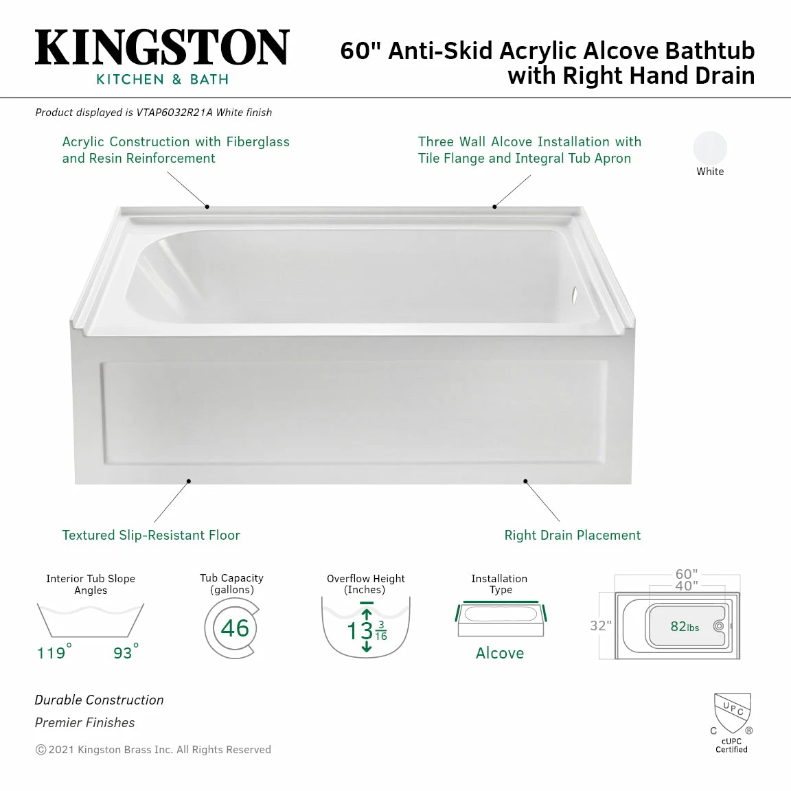 Oriel VTAP6032R21A 60-Inch Anti-Skid Acrylic Alcove Tub With Right Hand Drain Hole, White - Image 3