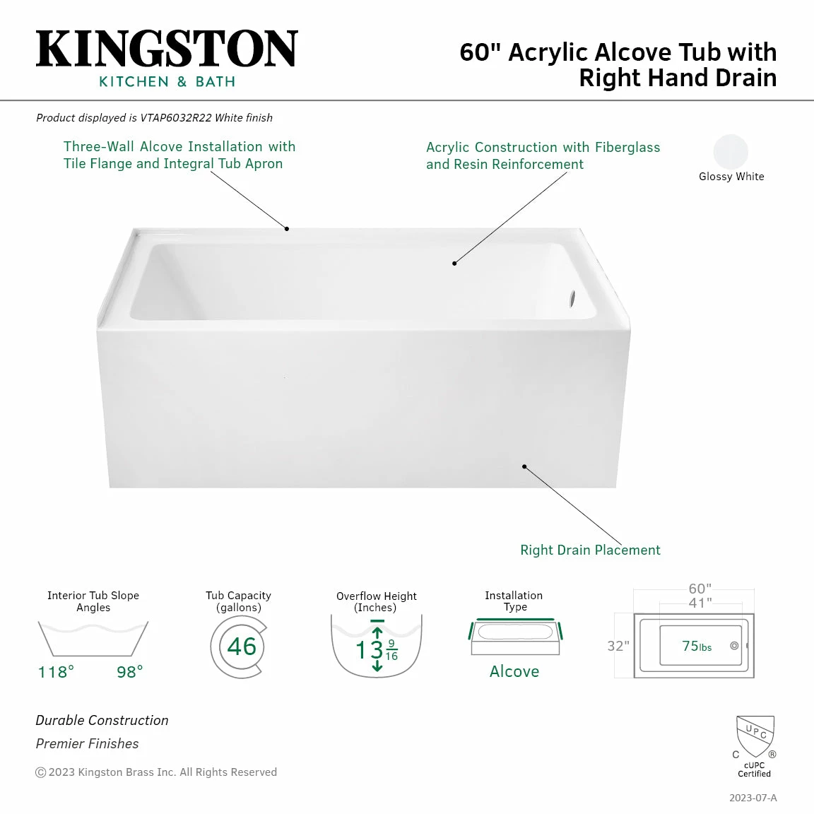 Aqua Eden VTAP6032R22 60-Inch Acrylic Alcove Tub With Right Hand Drain Hole, Glossy White - Image 3