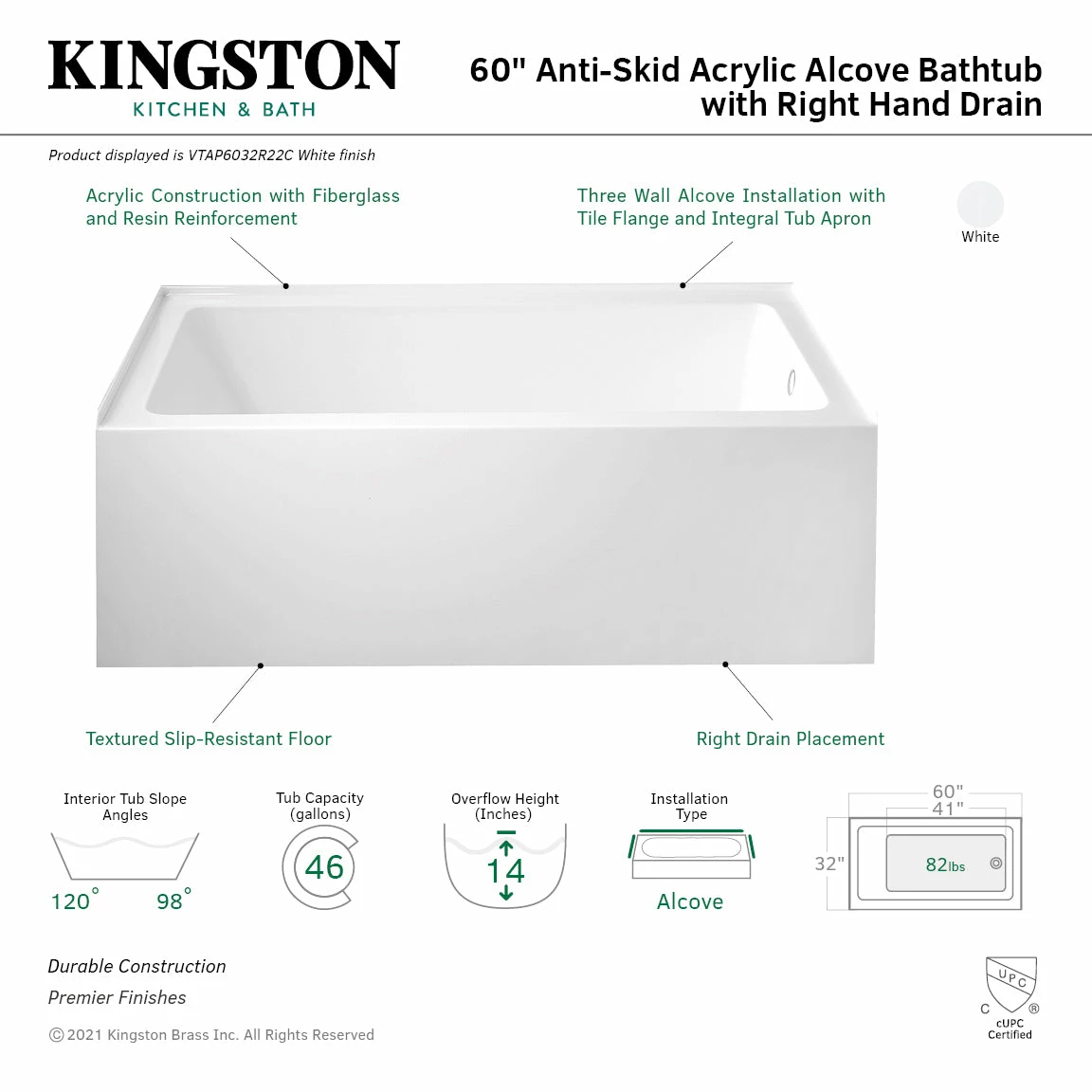 Oriel VTAP6032R22C 60-Inch Anti-Skid Acrylic Alcove Tub With Right Hand Drain Hole, White - Image 3