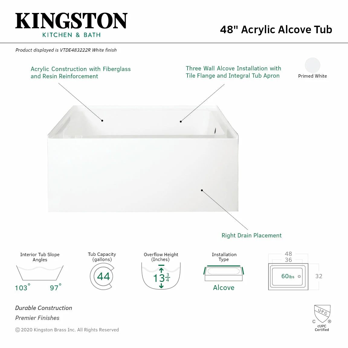 Ambry VTDE483222R 48-Inch Alcove Tub With Right Hand Drain Hole, White - Image 2