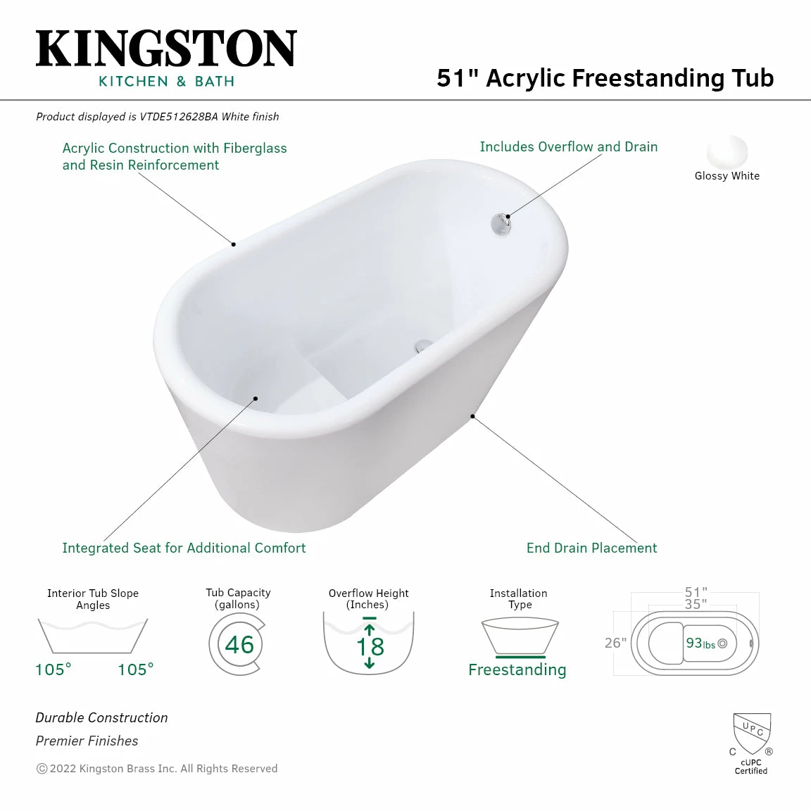 Aqua Eden VTDE512628BA 51-Inch Acrylic Freestanding Tub With Drain And Integrated Seat, Glossy White - Image 4