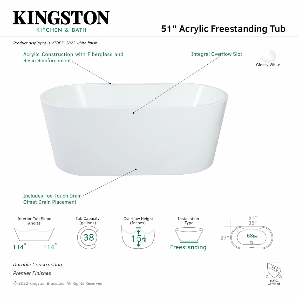 Aqua Eden VTDE512823 51-Inch Acrylic Freestanding Tub With Drain, Glossy White - Image 7