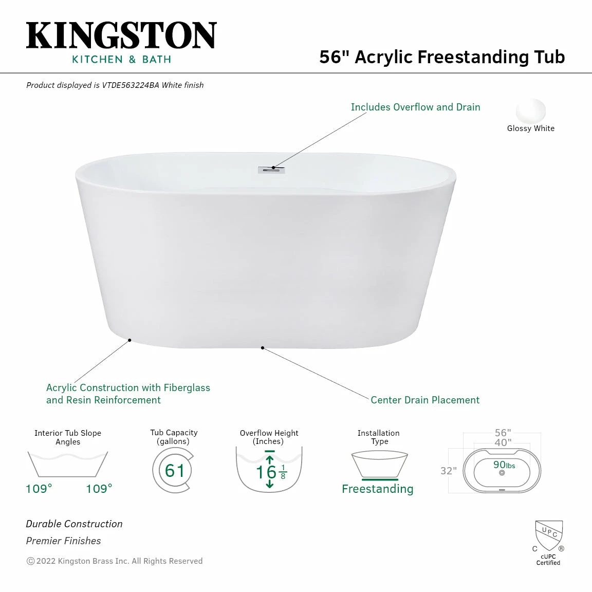 Aqua Eden VTDE563224BA 56-Inch Acrylic Freestanding Tub With Drain, Glossy White - Image 4