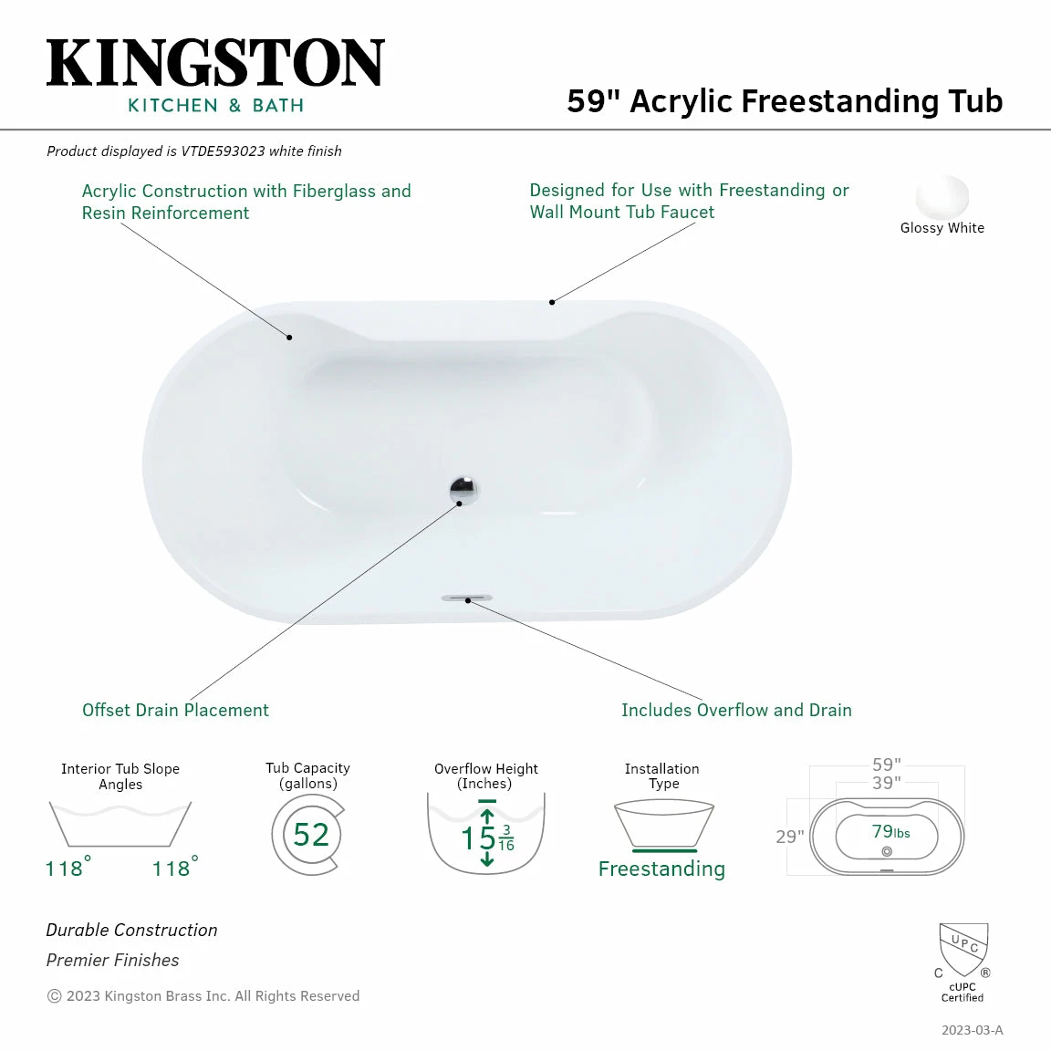 Aqua Eden VTDE593023 59-Inch Acrylic Freestanding Tub With Drain, Glossy White - Image 7