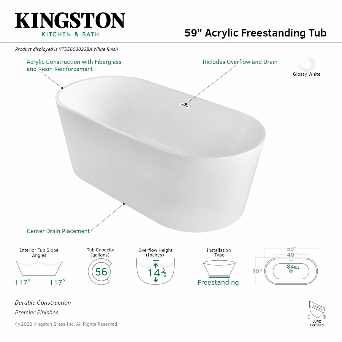 Aqua Eden VTDE603023BA 59-Inch Acrylic Double Ended Freestanding Tub With Drain, Glossy White - Image 4