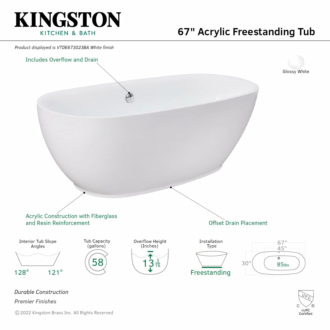 Aqua Eden VTDE673023BA 67-Inch Acrylic Double Ended Freestanding Tub With Drain, Glossy White - Image 4