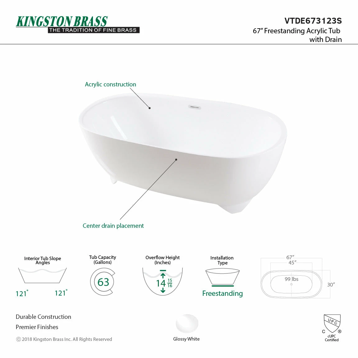 Aqua Eden VTDE673123S 67-Inch Acrylic Double Ended Freestanding Tub With Drain, White - Image 4