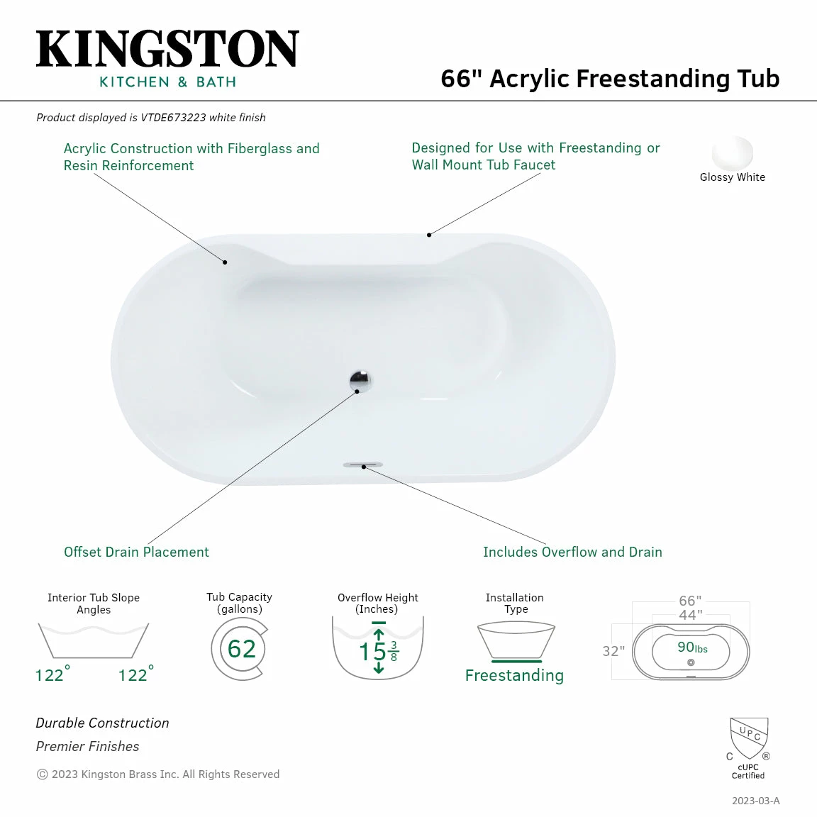 Aqua Eden VTDE673223 66.5-Inch Acrylic Freestanding Tub With Drain, Glossy White - Image 7