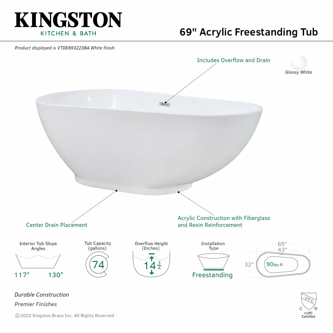 Aqua Eden VTDE693223BA 69-Inch Acrylic Double Ended Freestanding Tub With Drain, Glossy White - Image 4