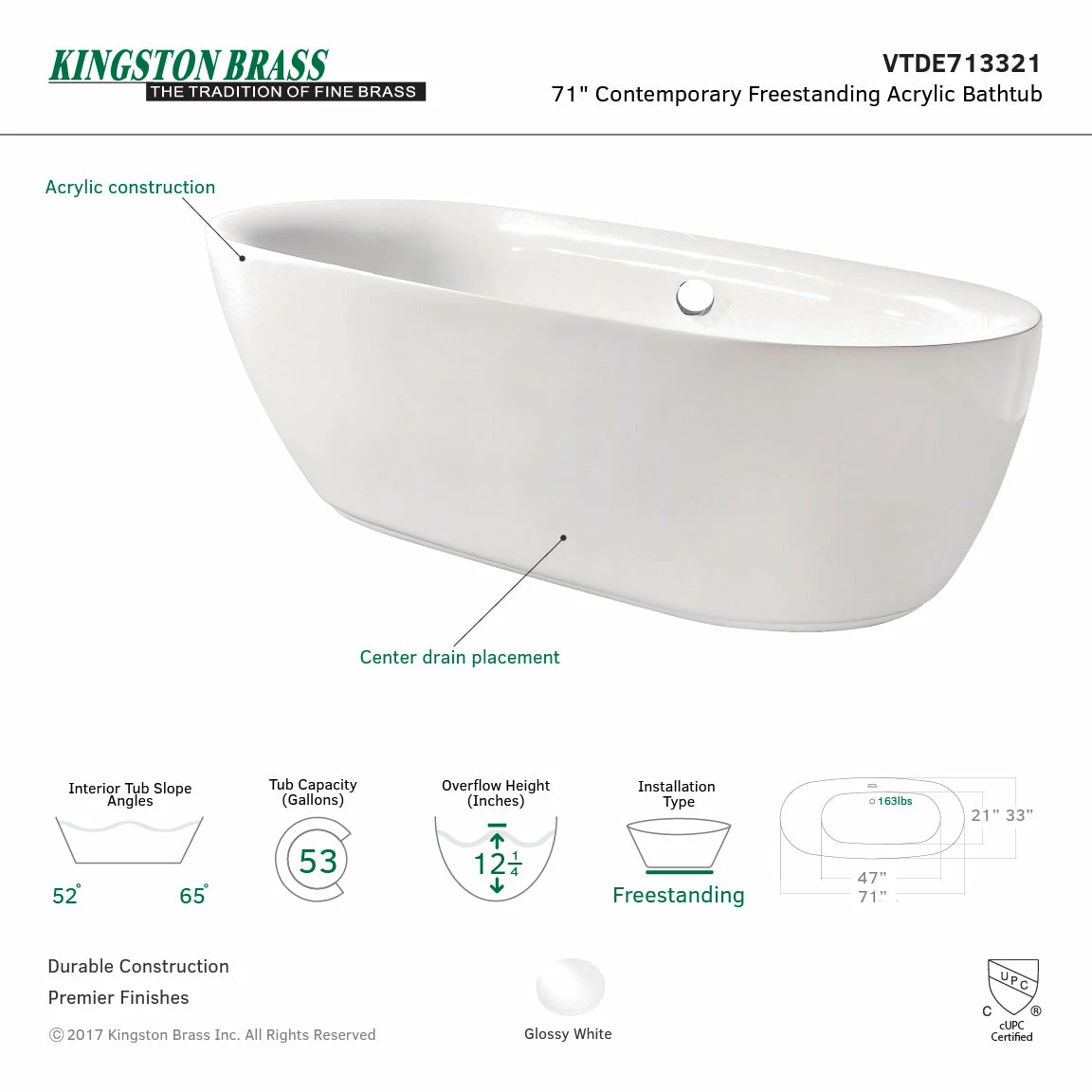 Aqua Eden VTDE713321 71-Inch Acrylic Double Ended Freestanding Tub With Drain, White - Image 11