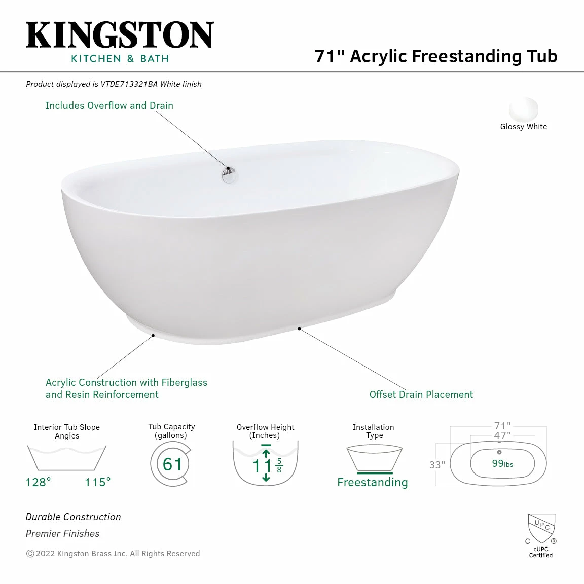 Aqua Eden VTDE713321BA 71-Inch Acrylic Double Ended Freestanding Tub With Drain, Glossy White - Image 4