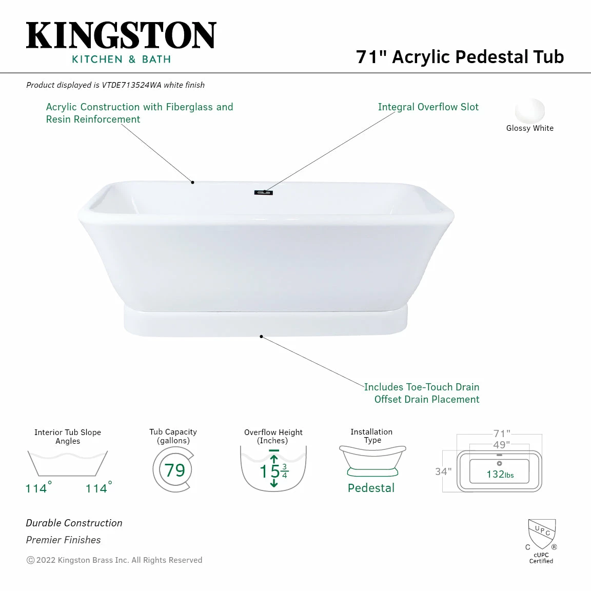Aqua Eden VTDE713524WA 71-Inch Acrylic Double Ended Pedestal Tub With Drain, Glossy White - Image 8