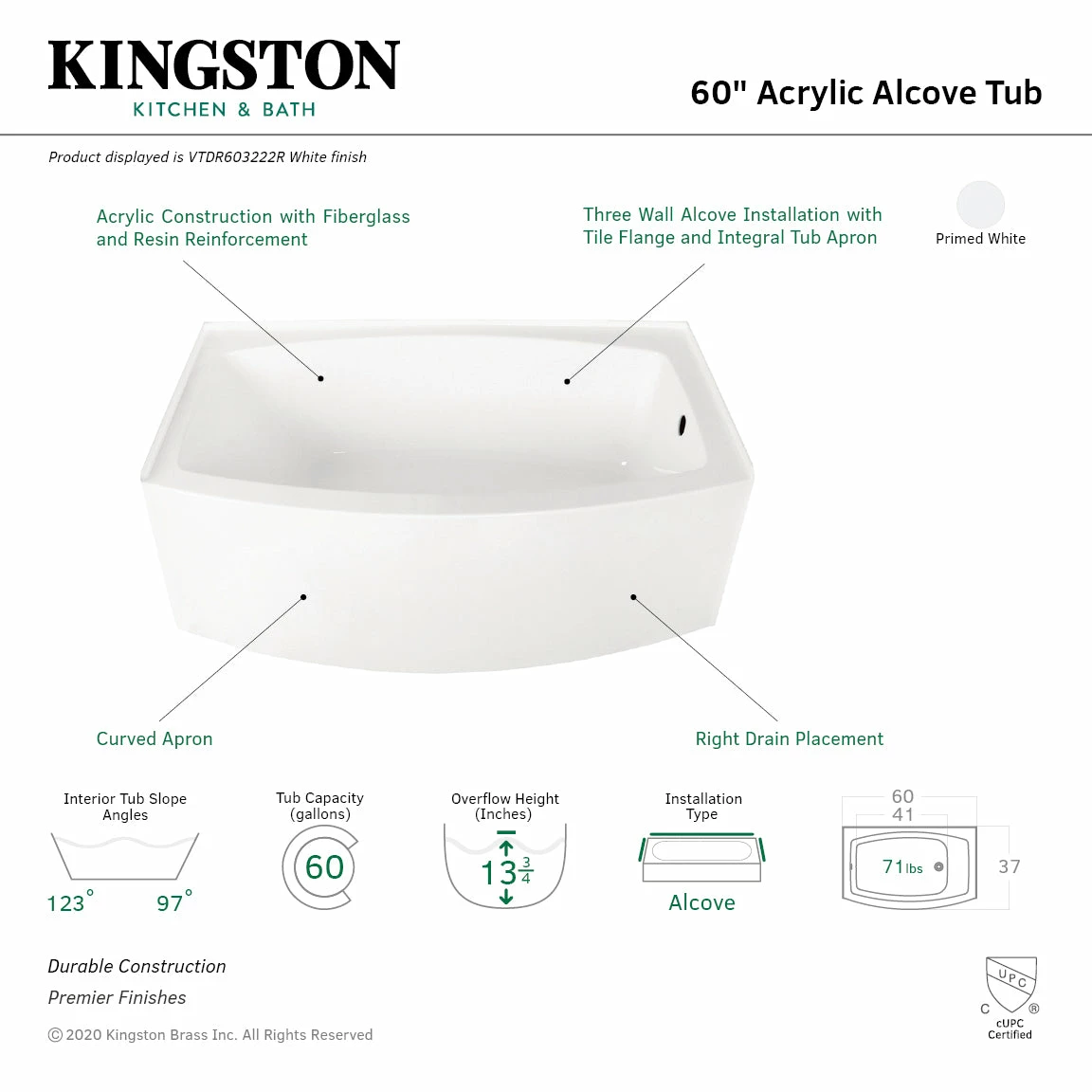 Aqua Eden VTDR603222R 60-Inch Acrylic Alcove Tub With Right Hand Drain Hole, White - Image 2