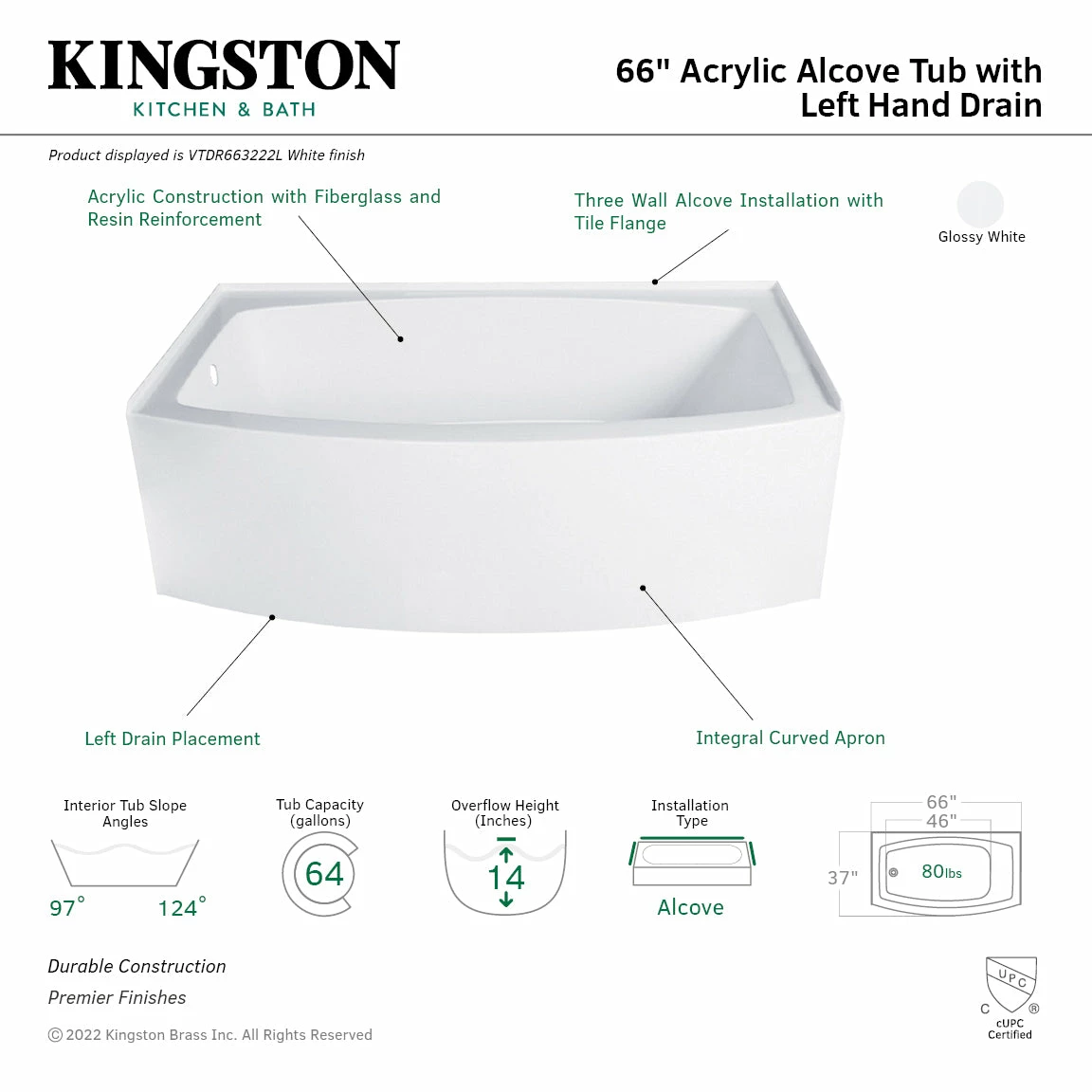 Inflection VTDR663222L 66-Inch Acrylic Curved Apron Alcove Tub With Left Hand Drain, Glossy White - Image 3