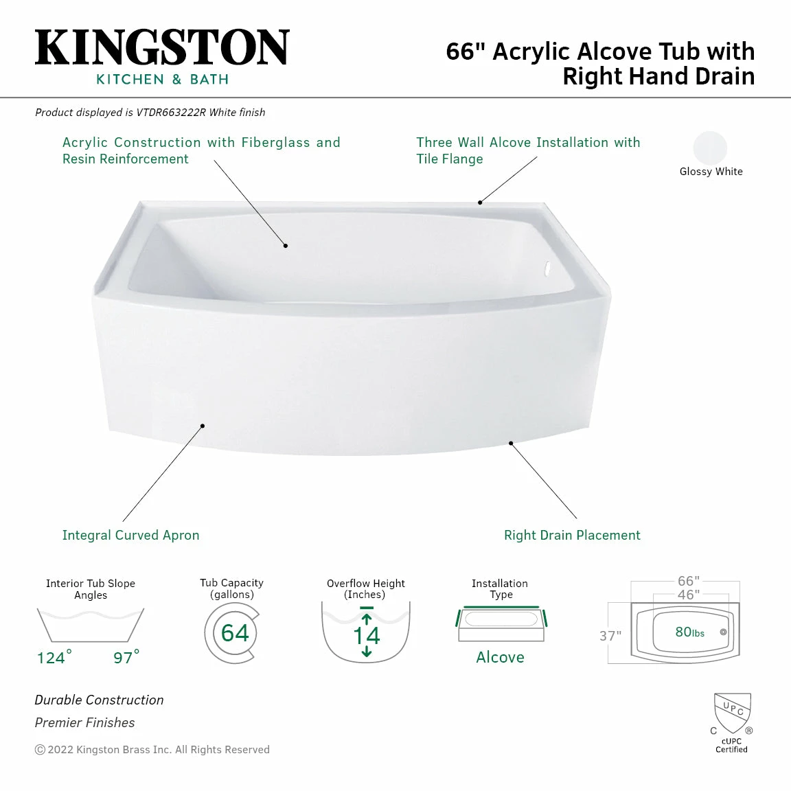Inflection VTDR663222R 66-Inch Acrylic Curved Apron Alcove Tub With Right Hand Drain, Glossy White - Image 3