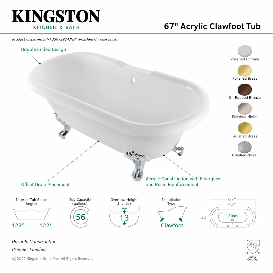 Aqua Eden VTDS672924JNH5 67-Inch Acrylic Double Ended Clawfoot Tub (No Faucet Drillings), White/Oil Rubbed Bronze - Image 4