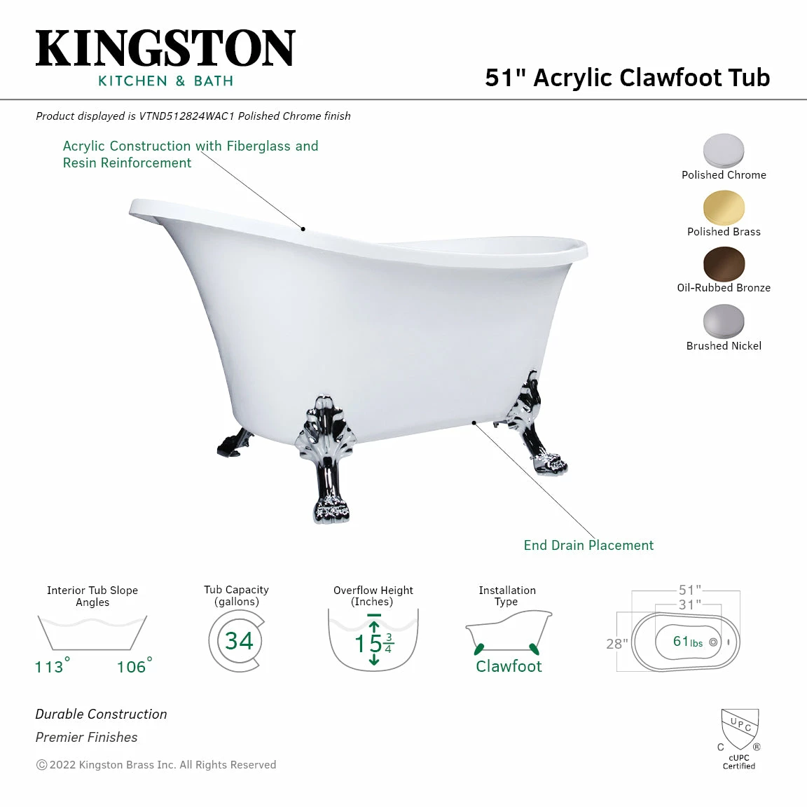 Aqua Eden VTND512824WAC5 51-Inch Acrylic Single Slipper Clawfoot Tub (No Faucet Drillings), White/Oil Rubbed Bronze - Image 3