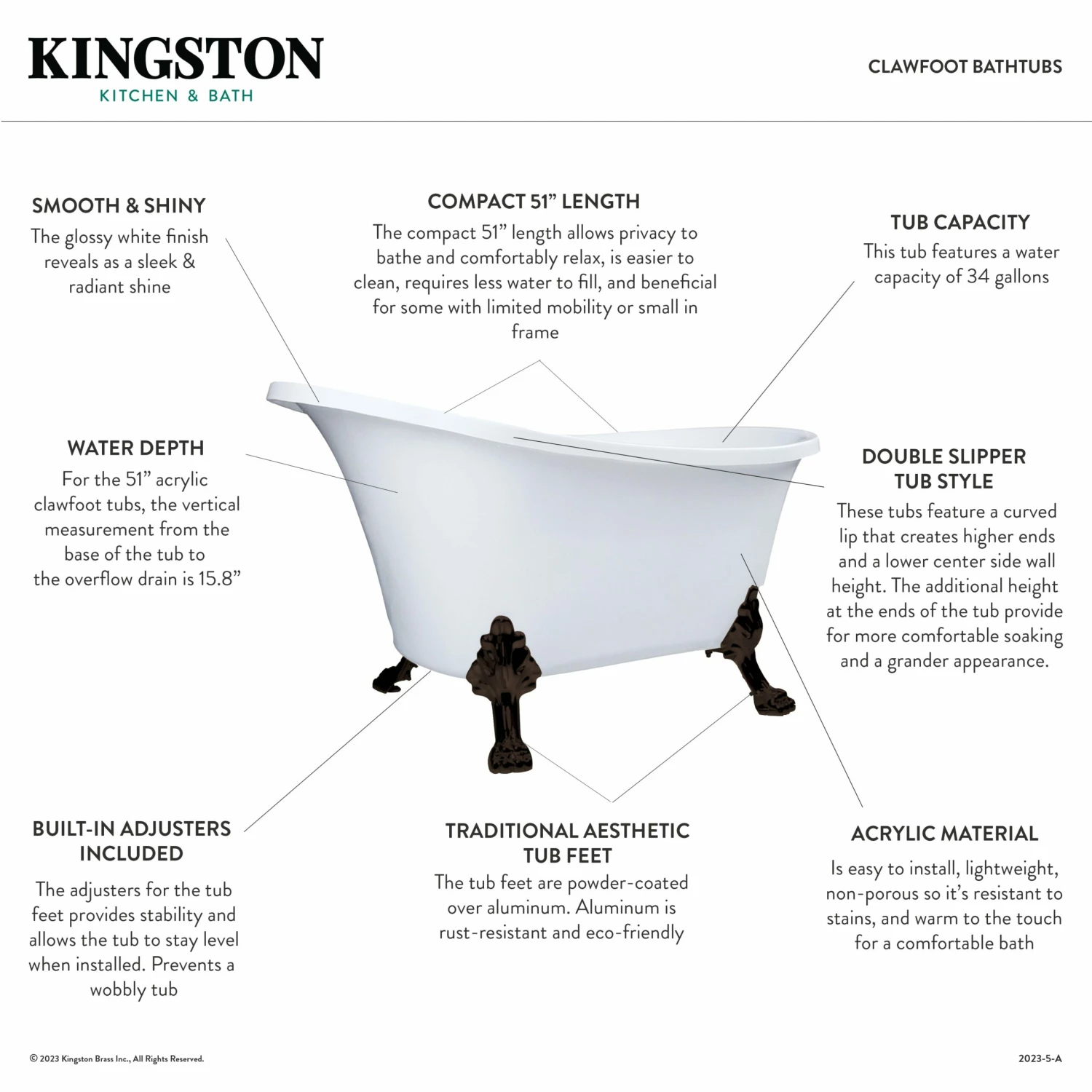 Aqua Eden VTND512824WAC5 51-Inch Acrylic Single Slipper Clawfoot Tub (No Faucet Drillings), White/Oil Rubbed Bronze - Image 2