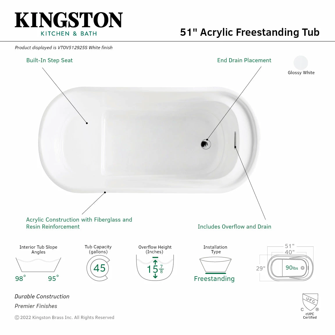 Aqua Eden VTOV512925S 51-Inch Acrylic Freestanding Tub With Drain And Integrated Seat, Glossy White - Image 4