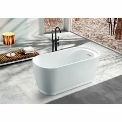 Aqua Eden VTOV592925S 59-Inch Acrylic Freestanding Tub With Drain And Integrated Seat, Glossy White